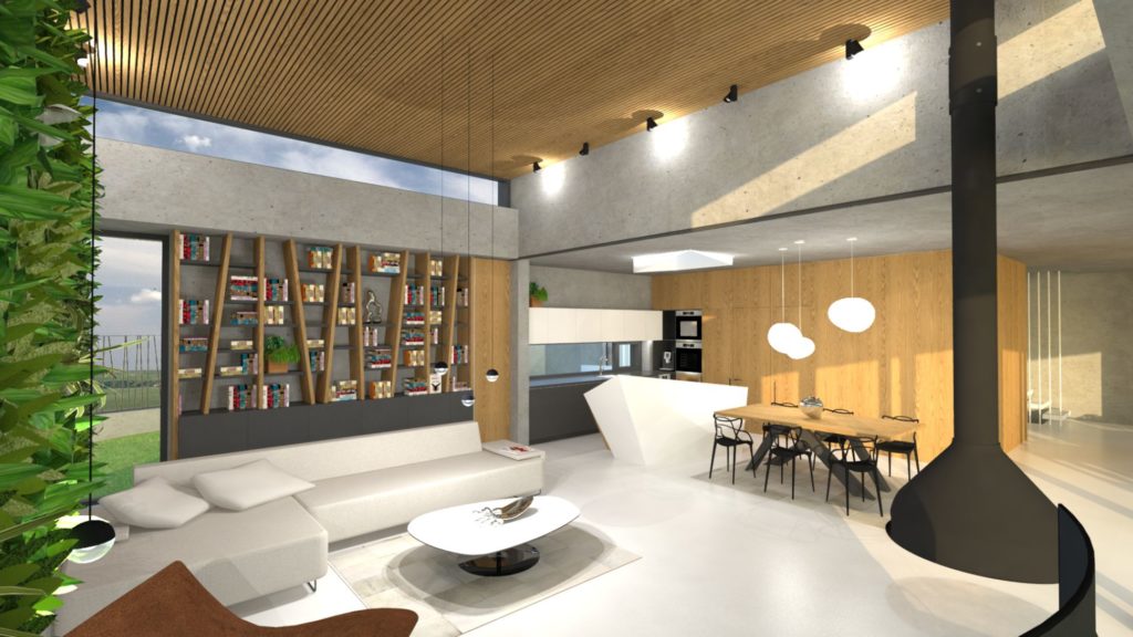 návrh interiéru drevo betón