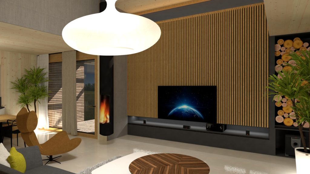 Interiér domu CLT 20 Kováčová tv stena Molnár Peráček