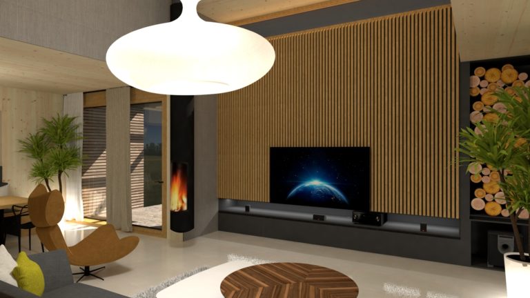 Interiér domu CLT 20 Kováčová tv stena Molnár Peráček