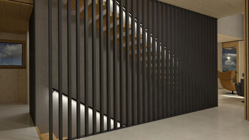 Interiér domu CLT 20 Kováčová schody lamely Molnár Peráček