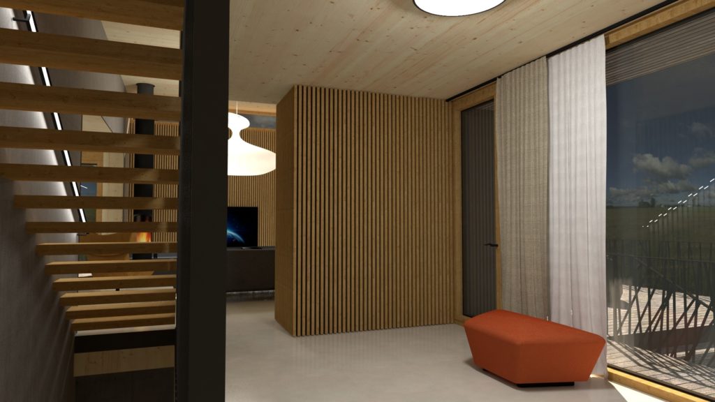 Interiér domu CLT 20 Kováčová obklad lamely Molnár Peráček
