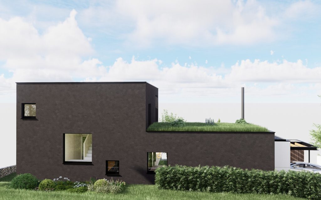 Rodinný dom CLT 39, ateliér Peráček, omietka, zelená strecha