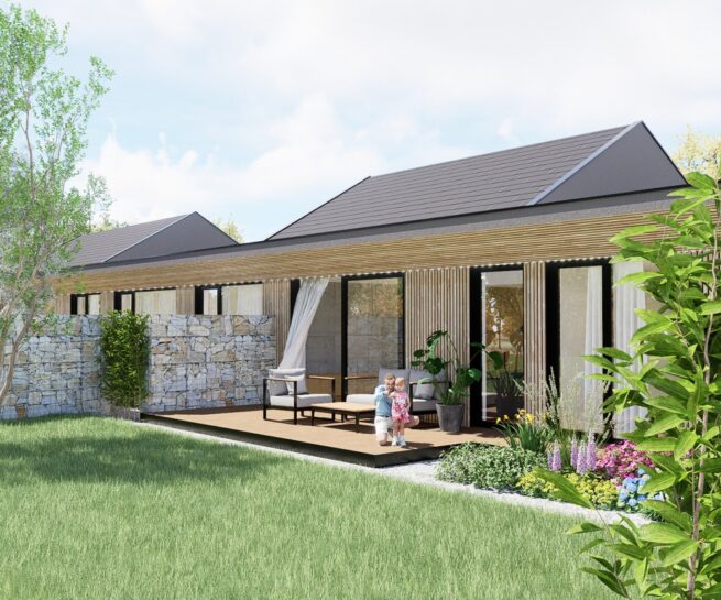 Rodinný dvojdom, ateliér Peráček drevená terasa