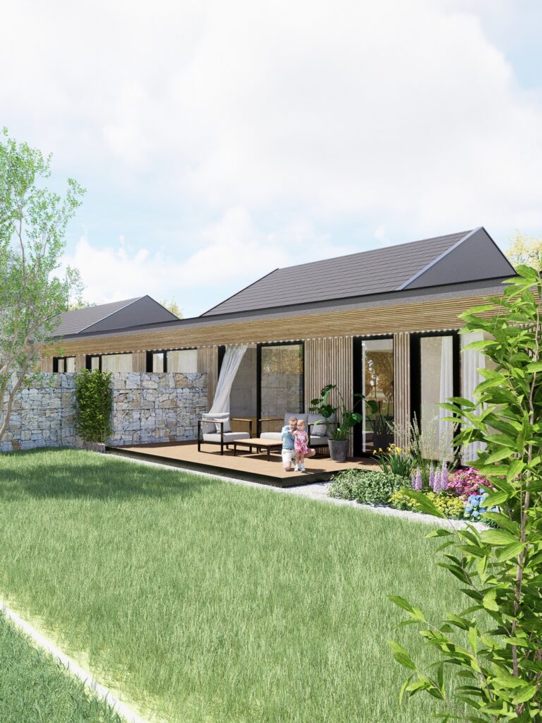 Rodinný dvojdom, ateliér Peráček drevená terasa