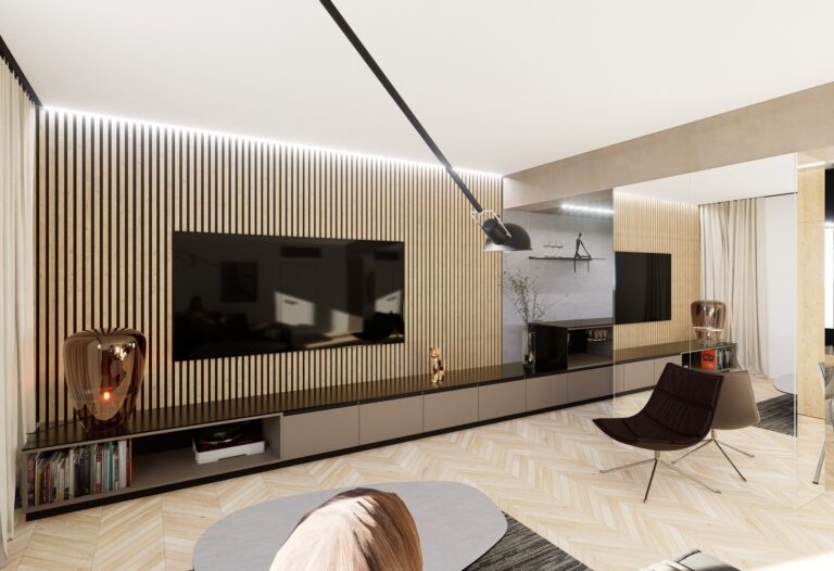 rekonštrukcia bytu atelier Peráček TV stena