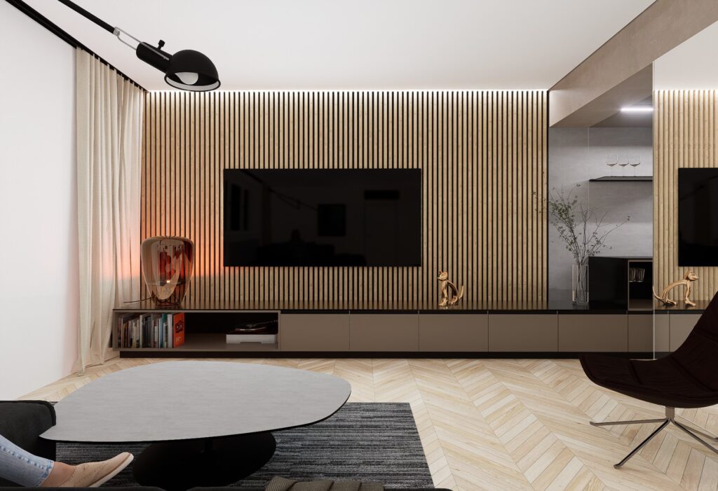 rekonštrukcia bytu atelier Peráček lamelová stena