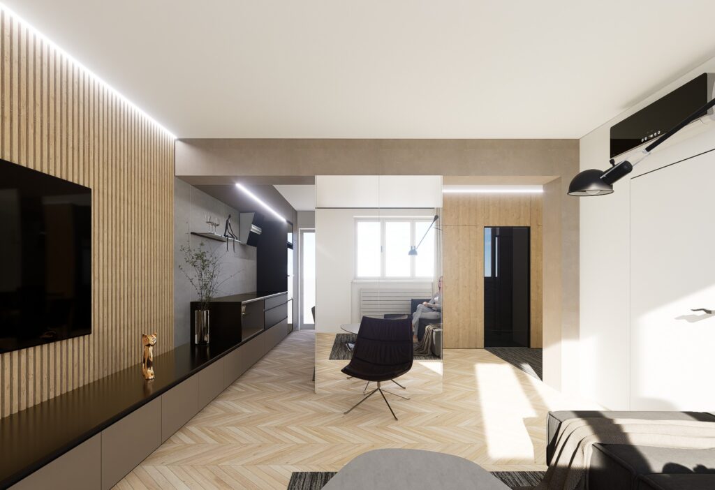 rekonštrukcia bytu atelier Peráček zrkadlová stena