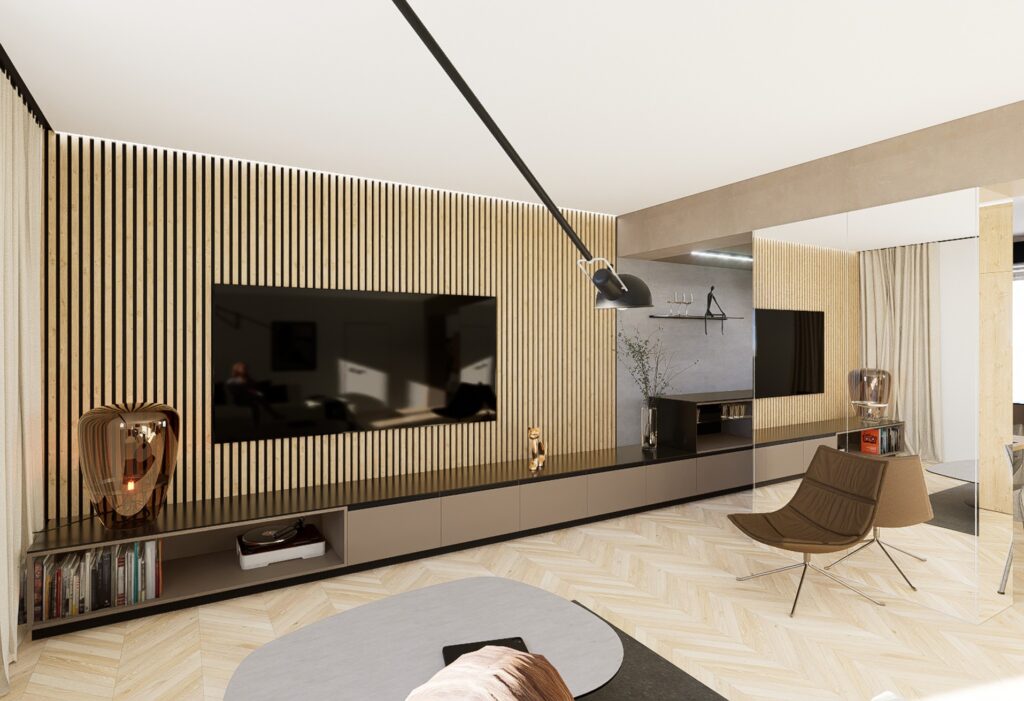 návrh bytu atelier Peráček lamelová stena