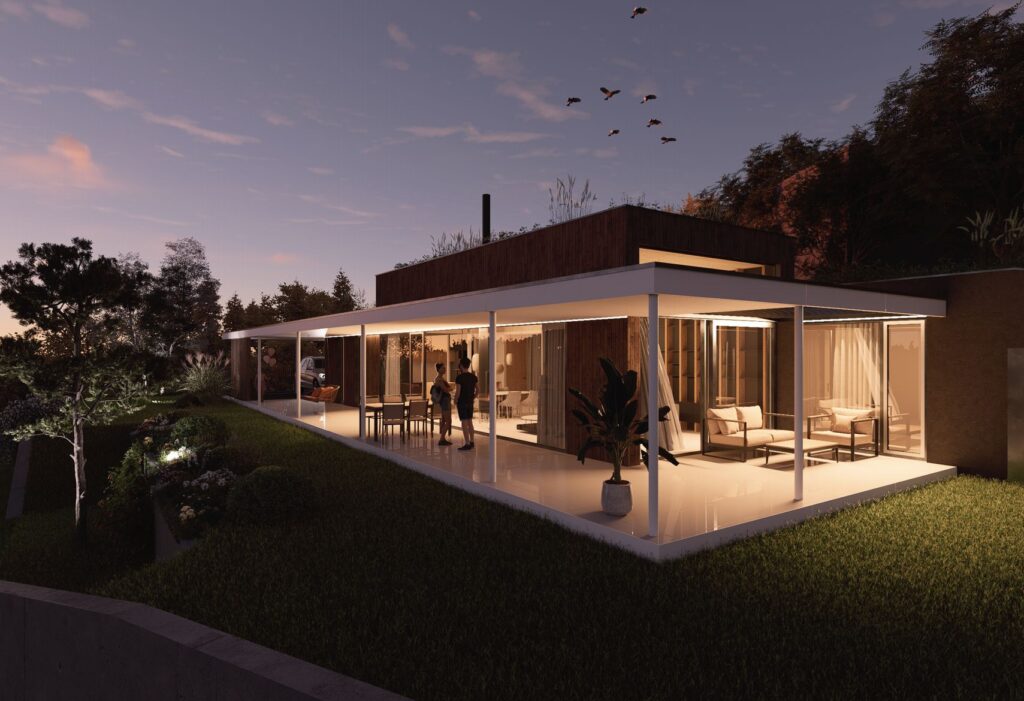 Rodinný dom CLT 42 večerná terasa