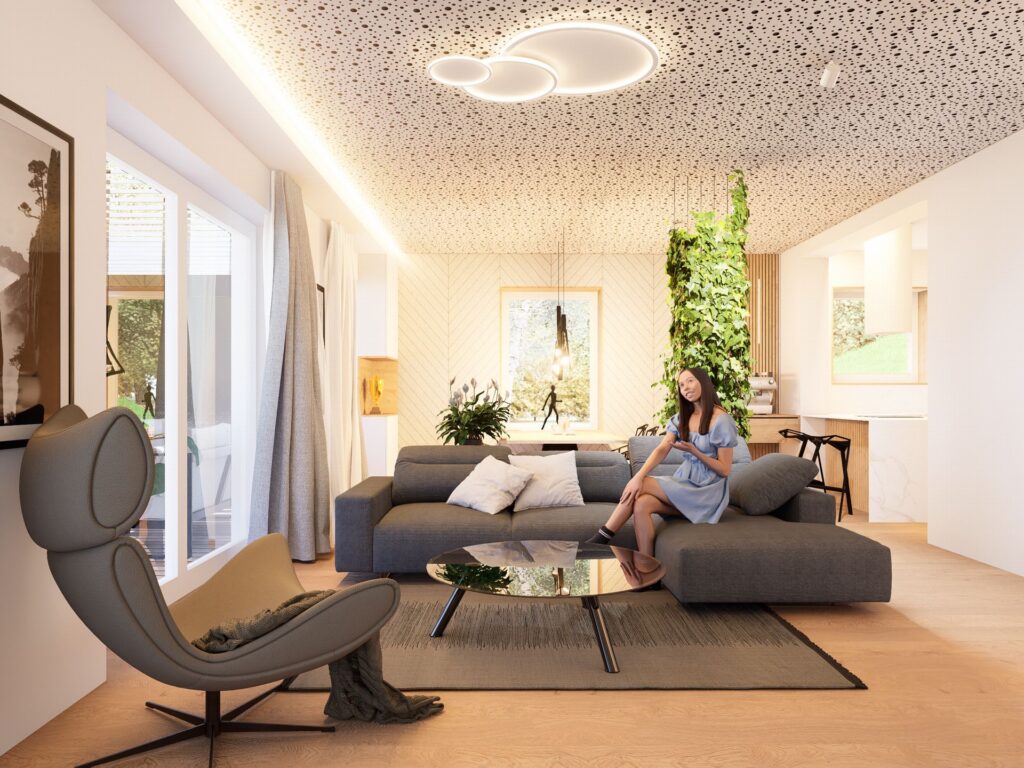 Návrh interiéru domu pri Budapešti obývačka