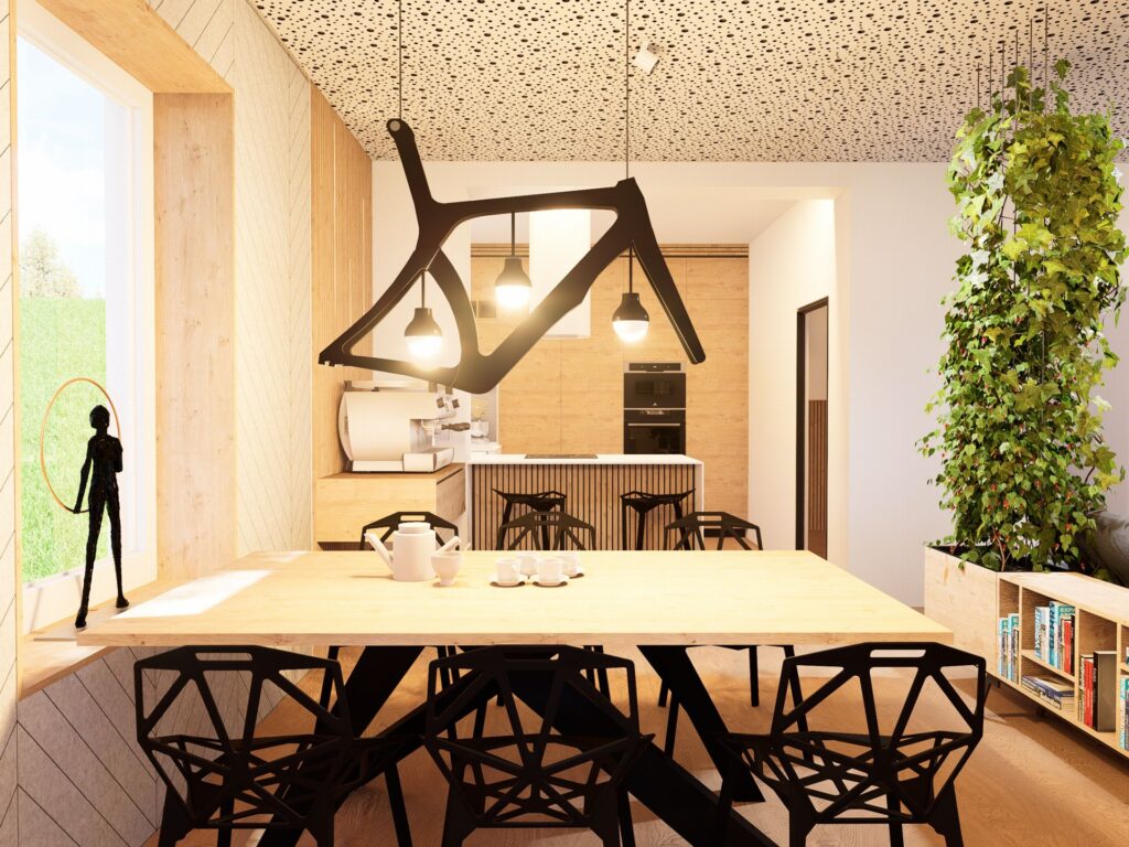 Návrh interiéru domu pri Budapešti stolovanie