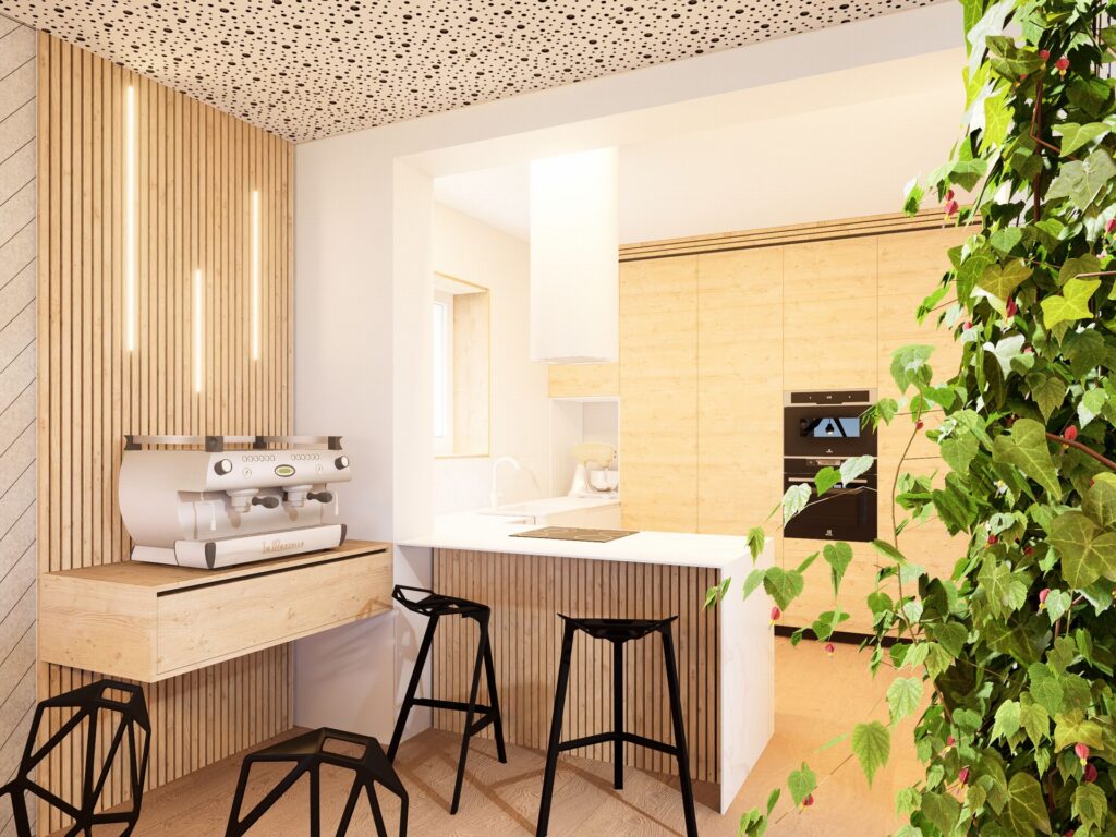 Návrh interiéru domu pri Budapešti kuchynský ostrov