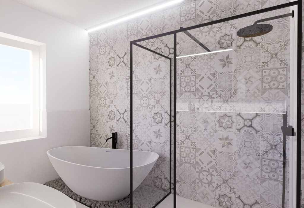 Návrh interiéru domu pri Budapešti walk in sprcha