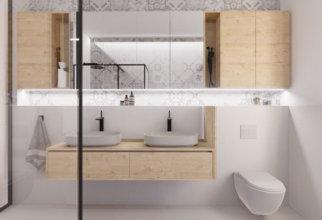 Návrh interiéru domu pri Budapešti zrkadlové skrinky