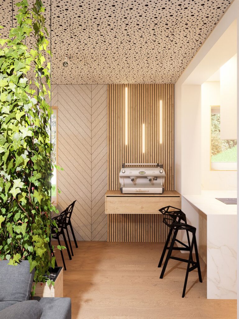 Návrh interiéru domu pri Budapešti akustické lamely