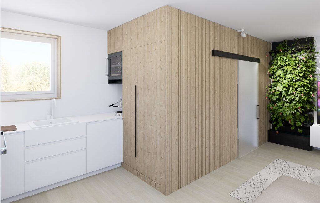 Interiéru bytu v Marianke dyhovaný drevený obklad