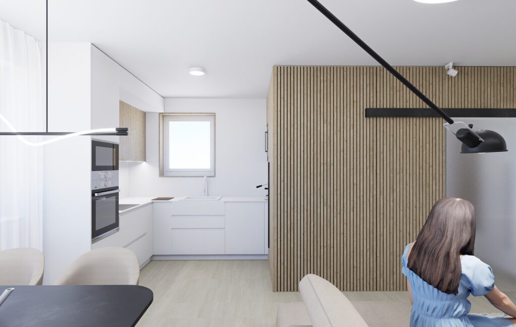 Interiéru bytu v Marianke lamelový obklad