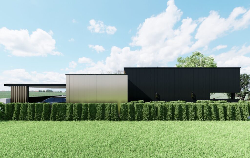 Návrh rodinného CLT domu pod platanom fasada atelier Peráček