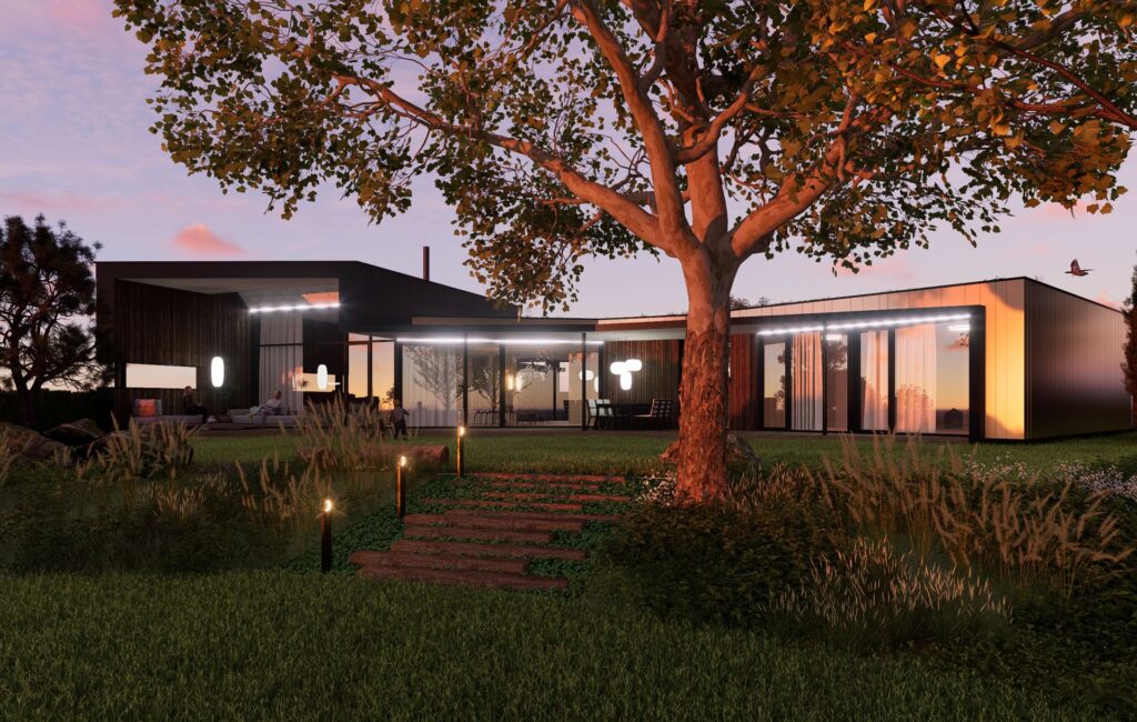 Návrh rodinného CLT domu pod platanom záhrada atelier Peráček