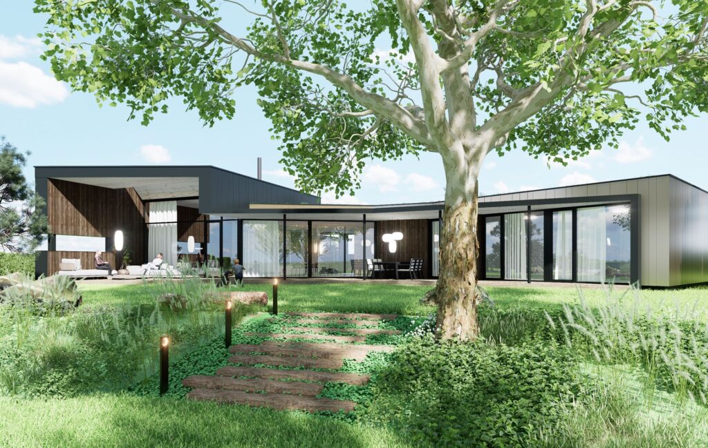 Návrh rodinného CLT domu pod platanom záhrada atelier Peráček