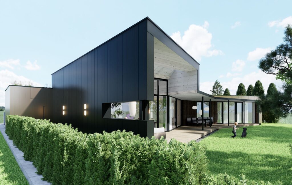 Návrh rodinného CLT domu pod platanom prevýšený strop atelier Peráček