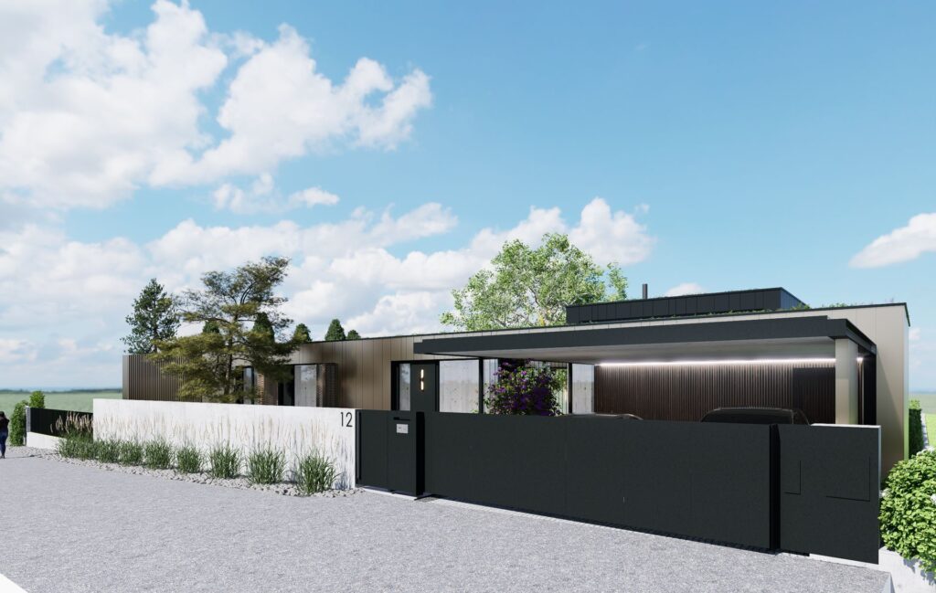 Návrh rodinného CLT domu pod platanom brána atelier Peráček