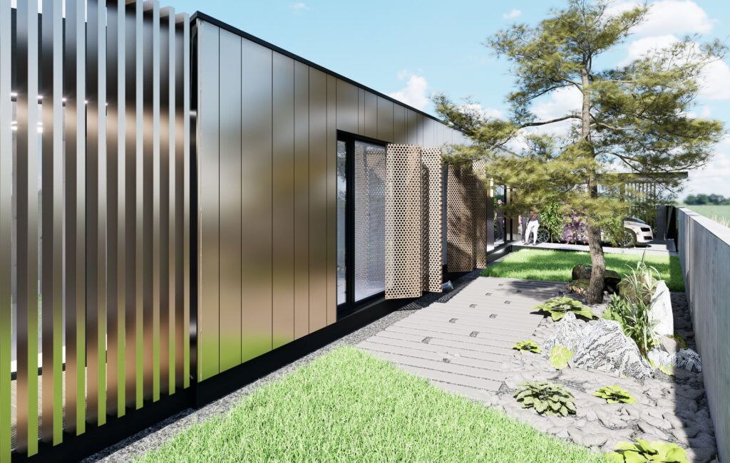 Návrh rodinného CLT domu pod platanom hliníková fasáda atelier Peráček