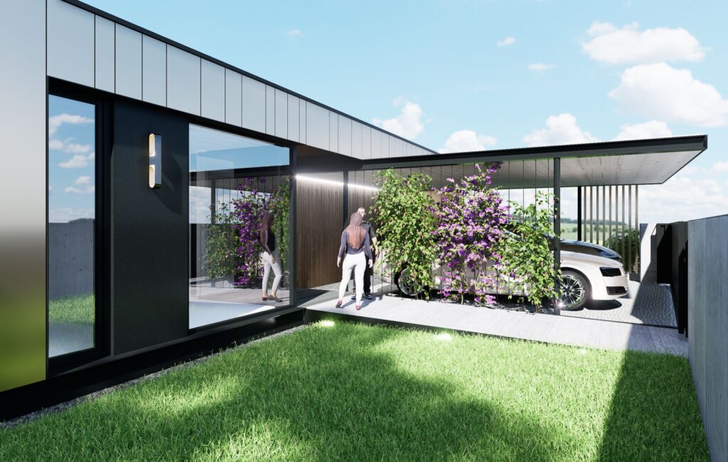 Návrh rodinného CLT domu pod platanom vstup atelier Peráček