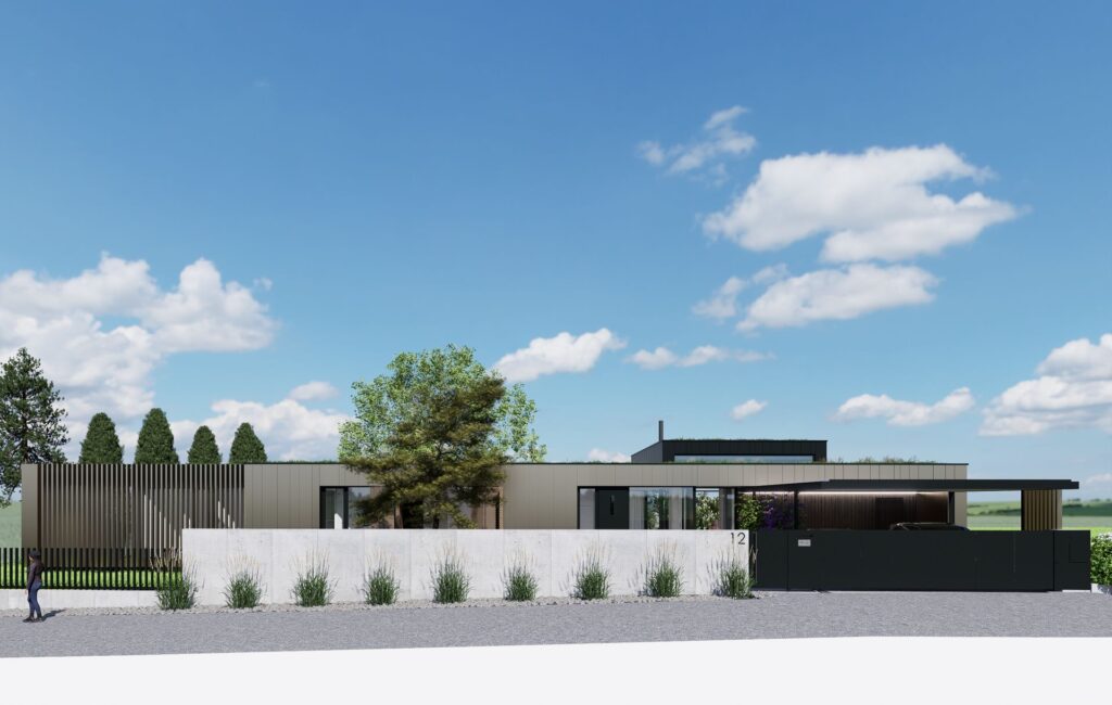 Návrh rodinného CLT domu pod platanom oplotenie atelier Peráček