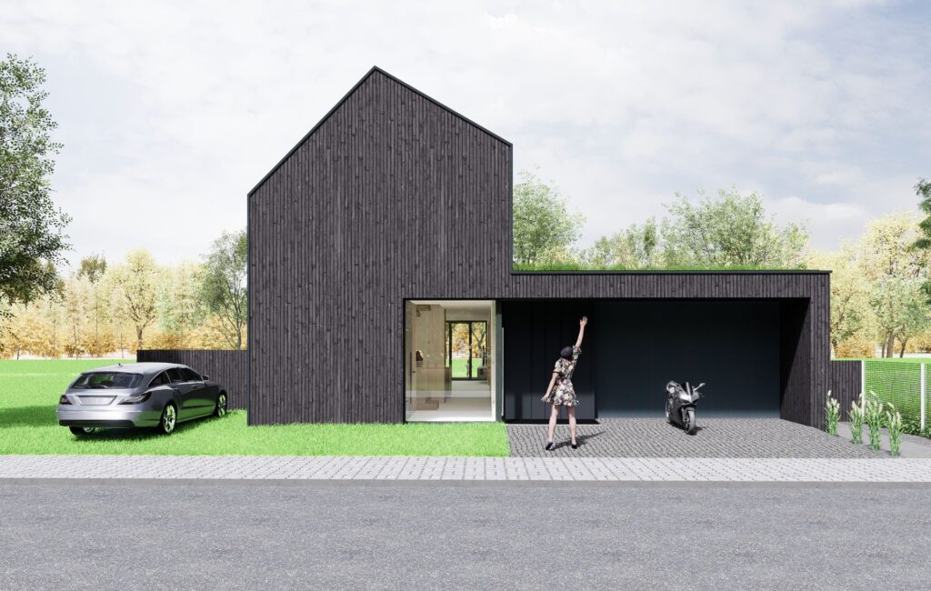 Návrh rodinného CLT domu v Zálesí uličný pohľad atelier Peráček