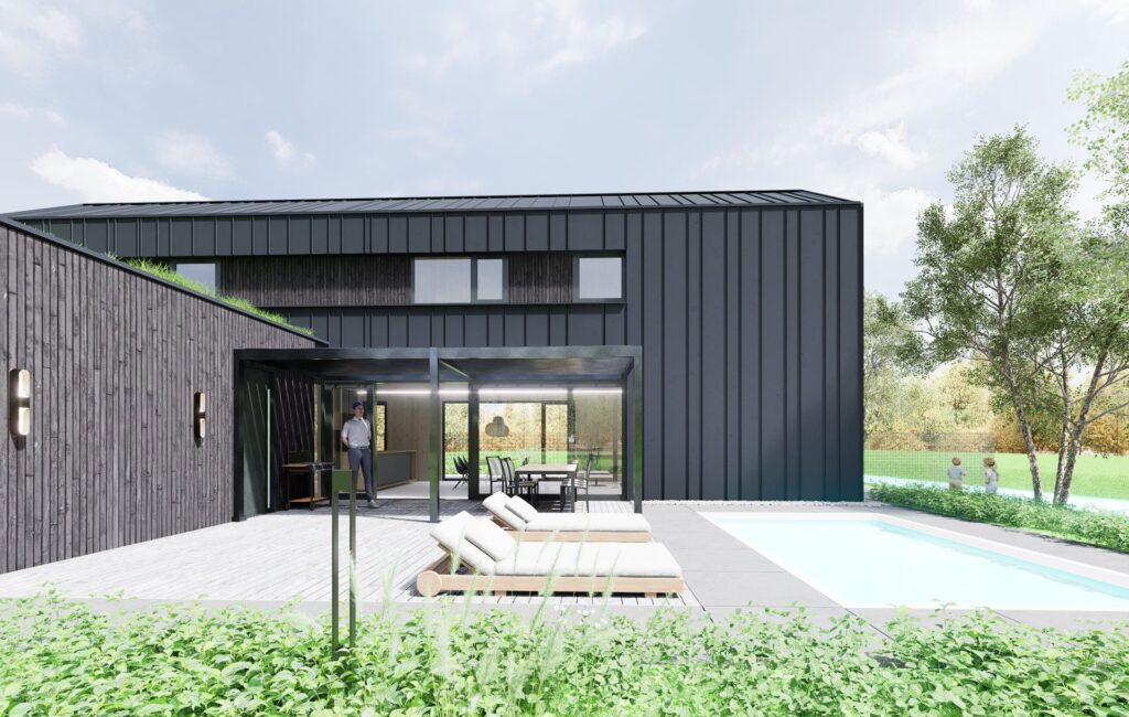 Návrh rodinného CLT domu v Zálesí terasa atelier Peráček