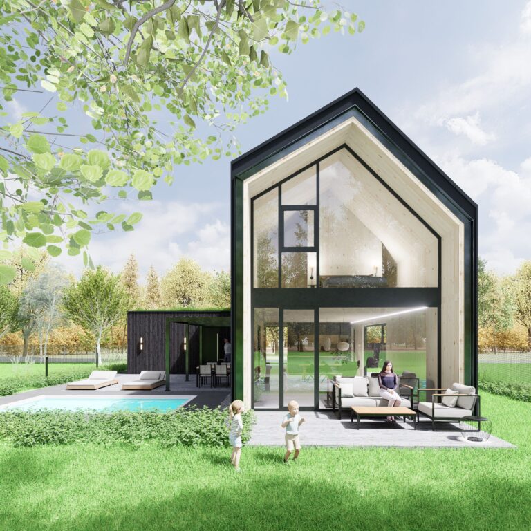 Návrh rodinného CLT domu v Zálesí presklený štít atelier Peráček