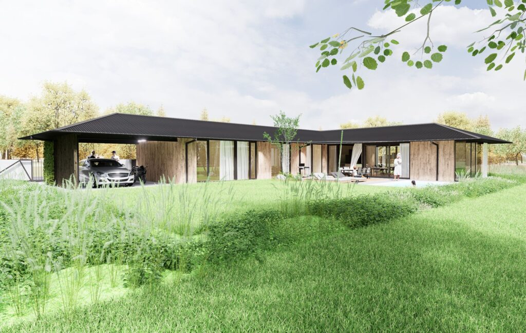 Prízemný CLT dom v Zálesí zo záhrady atelier Peráček