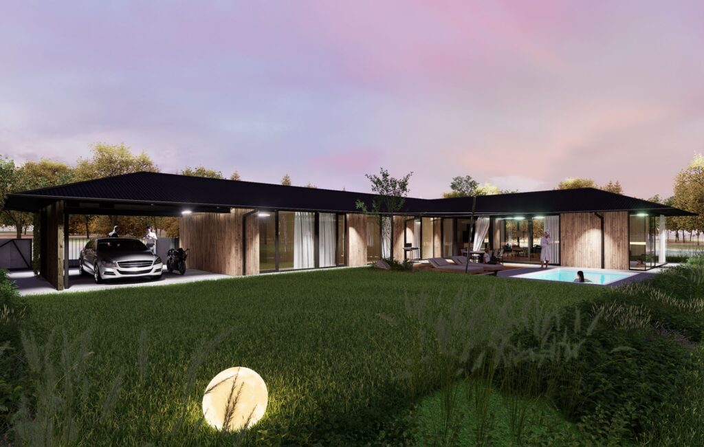 Prízemný CLT dom v Zálesí zo záhrady atelier Peráček