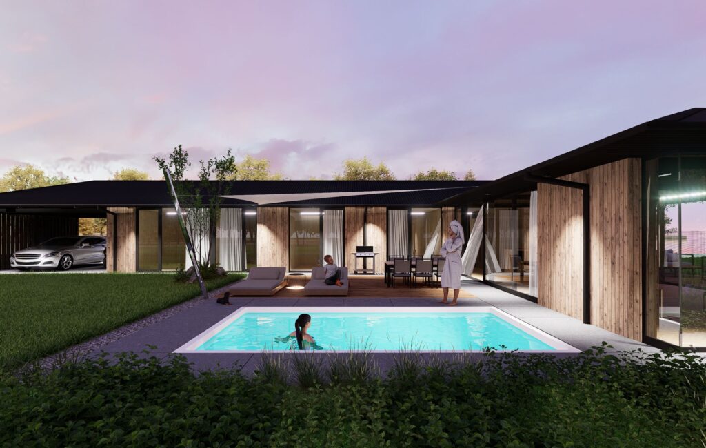 Prízemný CLT dom v Zálesí bazén atelier Peráček