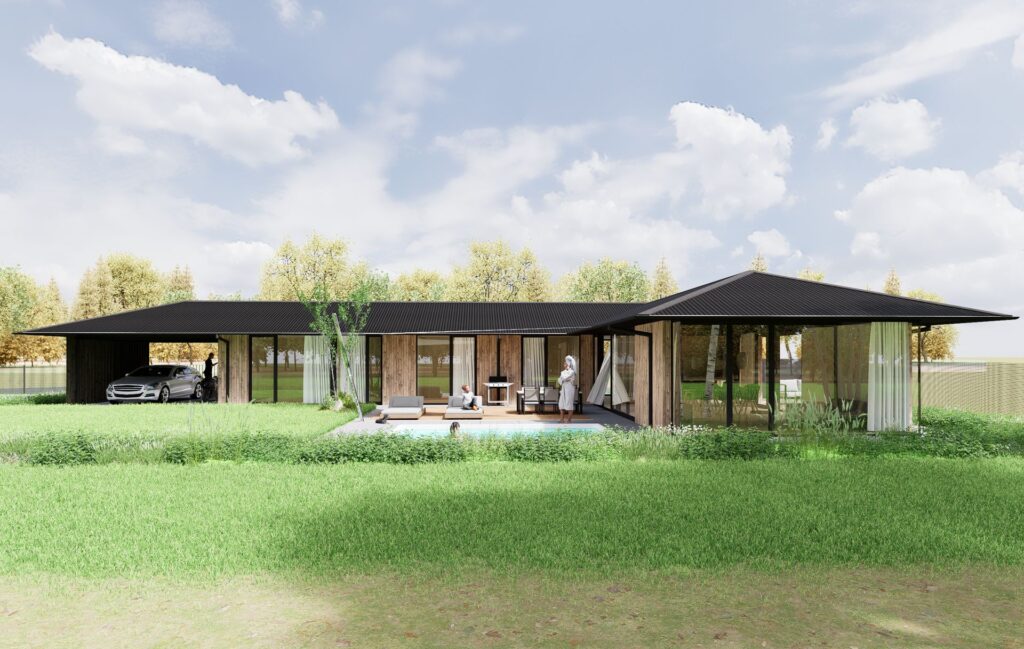 Prízemný CLT dom v Zálesí sedlová strecha atelier Peráček