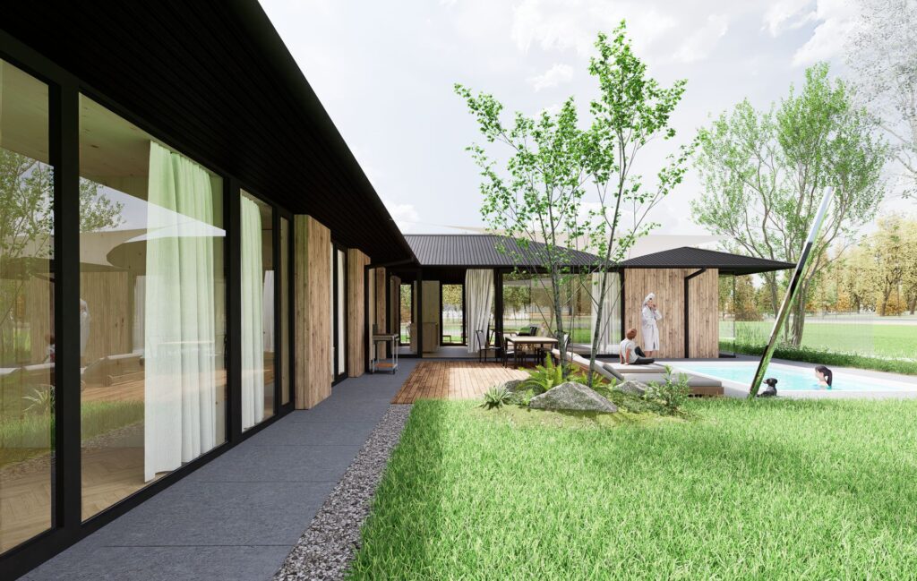 Prízemný CLT dom v Zálesí terasa atelier Peráček