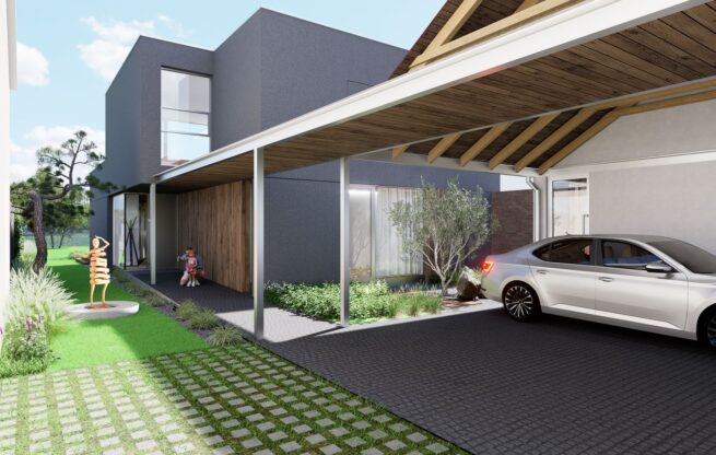 Návrh rodinného domu, atelier Peráček, prekrytie vstupu