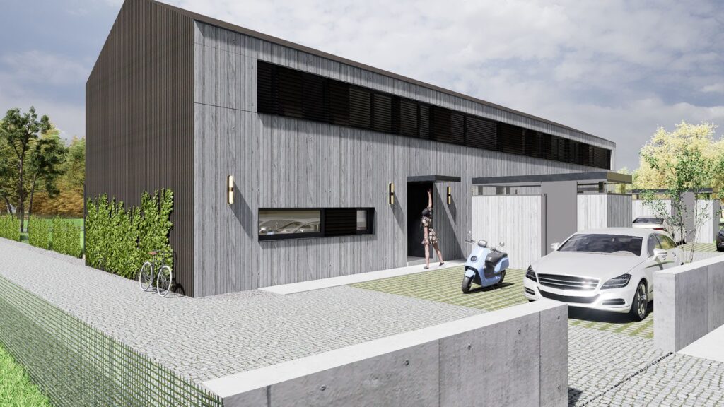 Návrh Dvojdomu, atelier Peráček, vjazd a vstup