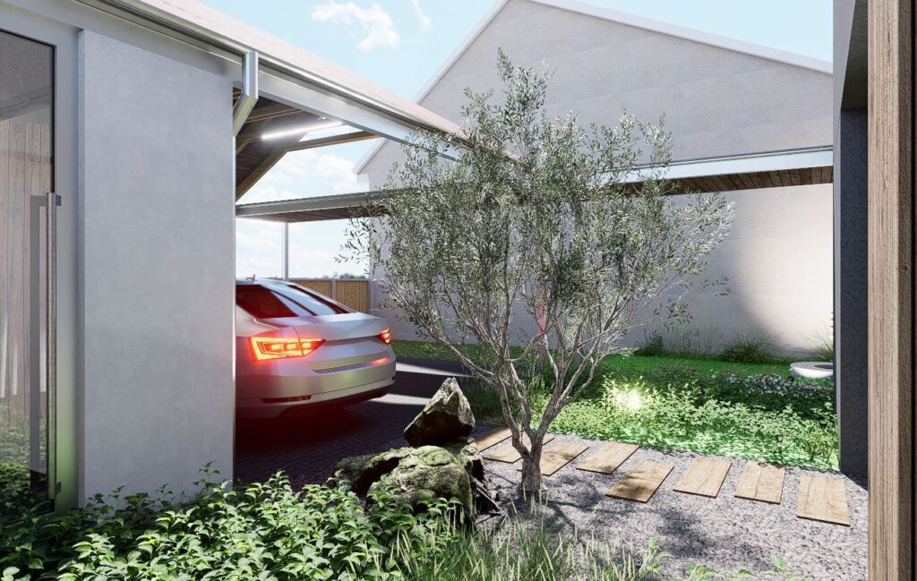 Návrh rodinného domu, atelier Peráček, sklad s prístreškom