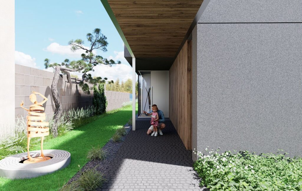 Návrh rodinného domu, atelier Peráček, závetrie vstupu