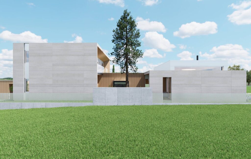 Dom medzi smrekmi CLT 48 ateliér Peráček, fasáda gres