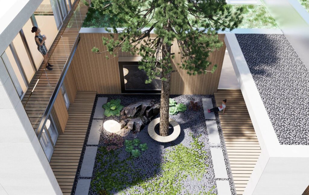 Dom medzi smrekmi CLT 48 ateliér Peráček, smrek v átriu