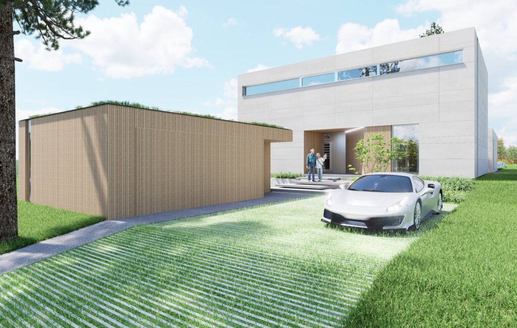 Dom medzi smrekmi CLT 48 ateliér Peráček, parking