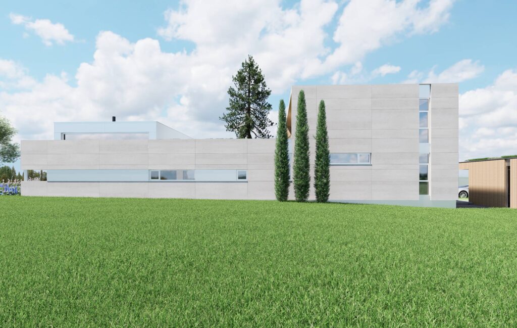 Dom medzi smrekmi CLT 48 ateliér Peráček, fasáda gres